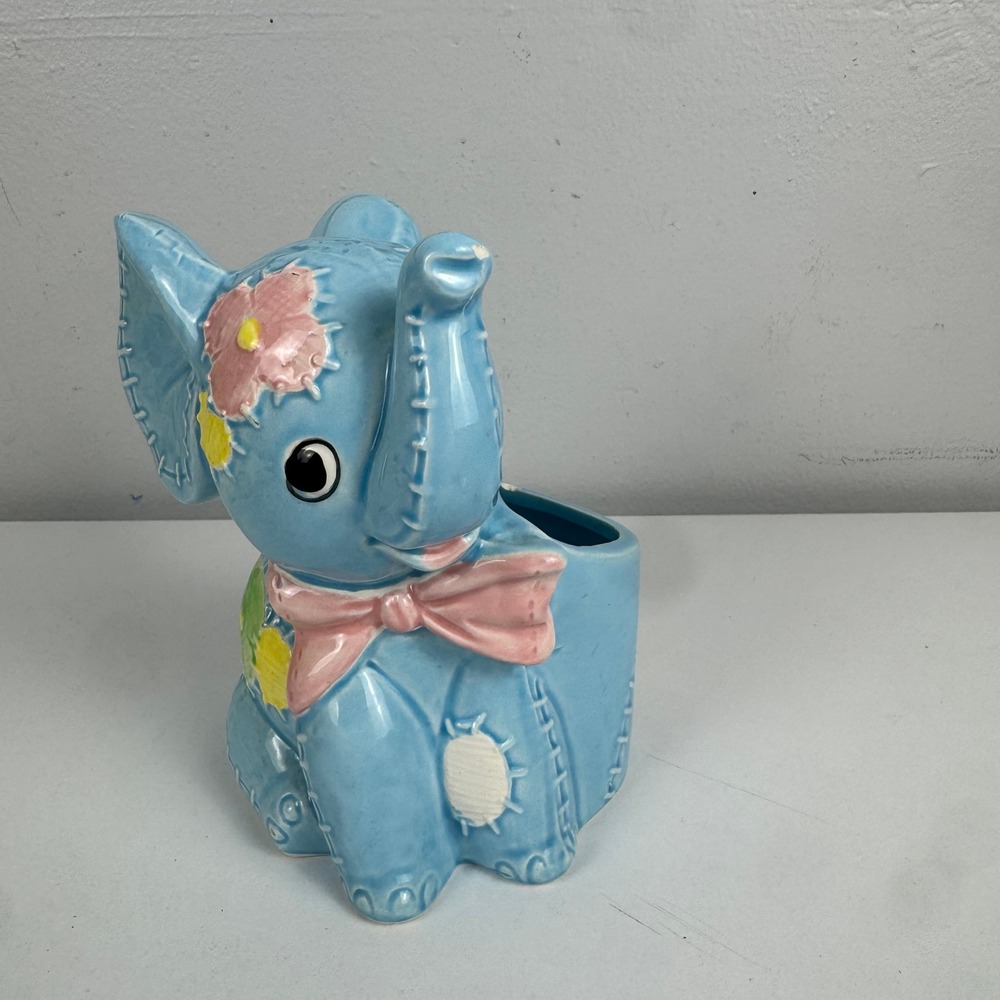 Vintage Blue Patchwork Elephant Ceramic Planter Kitschy Nursery Decor 6 Inch‎